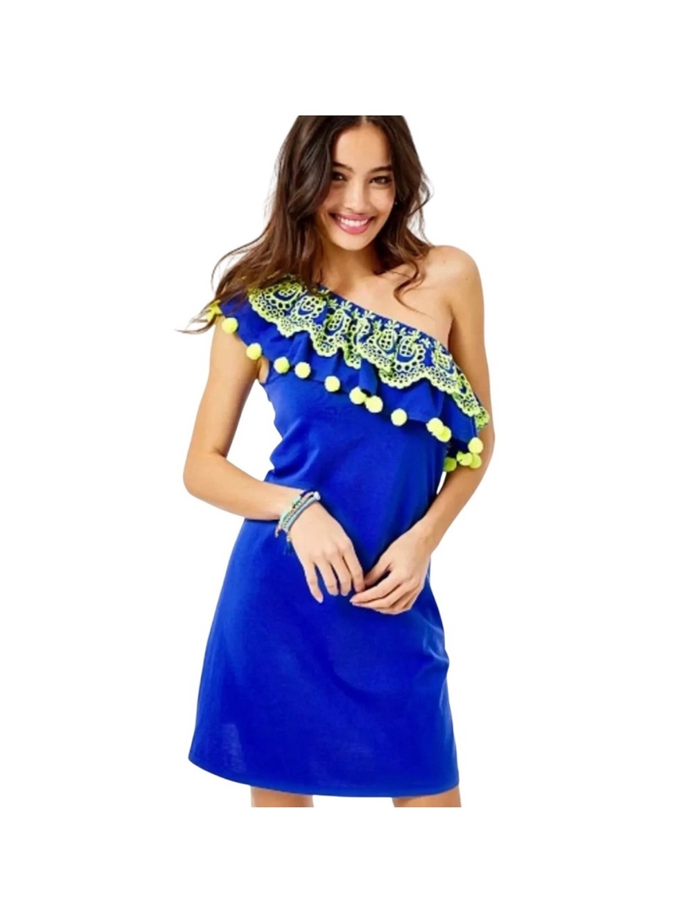 Lilly Pulitzer Idara One Shoulder Pom Pom Embroidered Shift Dress XL